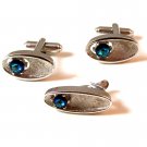 Unsigned Vintage Silver Tone & Blue Rhinestone ? Cufflinks & Tie Clasp
