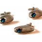 Unsigned Vintage Silver Tone & Blue Rhinestone ? Cufflinks & Tie Clasp