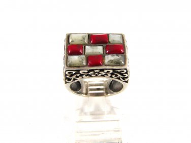 Southwest Sterling Silver & Coral & Mother of Pearl Ring Size 8 5114