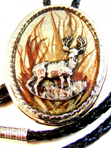 Southwest Silver Tone Moose in Woods Leather Bolo No. 5