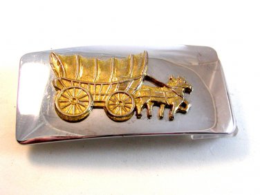 Vintage Silver & Gold Tone Pioneer Wagon Belt Buckle Made in U.S.A.