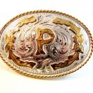 Vintage Mexican Silver Pley Iniital P Belt Buckle Signed Hevillas Originales