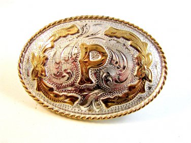 Vintage Mexican Silver Pley Iniital P Belt Buckle Signed Hevillas Originales