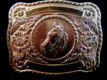 Vintage Silver Tone Western Horse Head Belt Buckle Made in U.S.A.