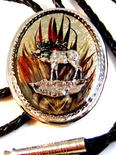 Southwest Silver Tone Moose in Woods Leather Bolo No. 2
