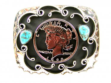Vintage 1922 Peace Silver Dollar With Turquoise Belt Buckle
