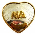 True Vintage Western 3 Horse Heads Heart German Silver Belt Buckle 82814