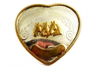 True Vintage Western 3 Horse Heads Heart German Silver Belt Buckle 82814
