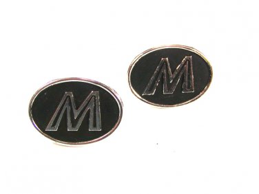 Vintage Initial M or W Black Silvertone Cufflinks by Hickok U.S.A. 71915