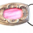Vintage Pink Stained Glass & Silver Tone Belt Buckle