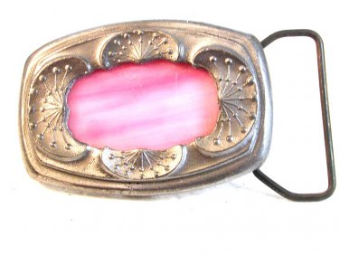 Vintage Pink Stained Glass & Silver Tone Belt Buckle