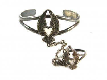 Southwest Silvertone Angel Wings Heart Bracelet & Ring Size 8 1/2
