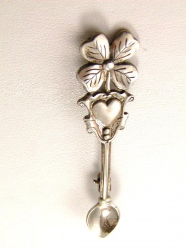 Vintage Sterling Silver Spoon Heart Clover Brooch