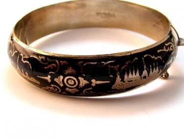 Vintage Siam Sterling Black Niello City In A Boat Bangle Bracelet