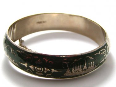 Vintage Siam Sterling Silver Dark Green Niello Enamel Bangle Bracelet