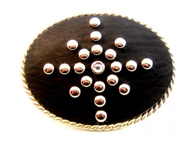 Leather Silver Studs & Rhinestone Western Belt Buckle