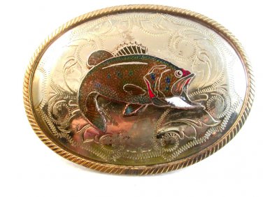 Vintage Silver & Gold Tone Enameled Bass Fish Western Belt Buckle