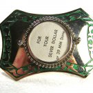 Vintage Silvertone & Green "For Your Silver Dollar" Belt Buckle Unbranded 62915