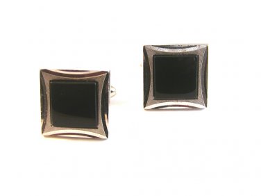 Vintage Silver Tone & Black Cufflinks Signed Swank