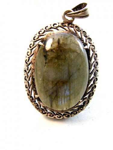 Large Vintage Sterling Silver Moss Agate Pendant