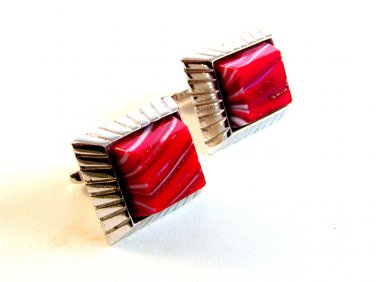Vintage 1970's Silver Tone Pink Cufflinks by Hickok U.S.A.