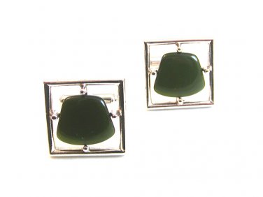 Vintage Silver Tone & Green Cufflinks By Sarah Coventry