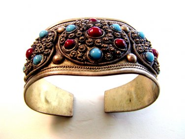 Vintage Tribal Silver Tone & Faux Coral & Turquoise Bracelet