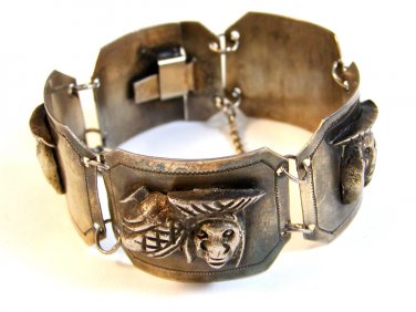 Vintage Signed Peru Sterling Silver Figures Panel Bracelet