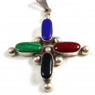Vintage Mexican Sterling Silver & Red Blue Black and Green Onyx Cross Pendant