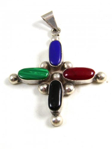 Vintage Mexican Sterling Silver & Red Blue Black and Green Onyx Cross Pendant