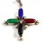 Vintage Mexican Sterling Silver & Red Blue Black and Green Onyx Cross Pendant