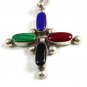 Vintage Mexican Sterling Silver & Red Blue Black and Green Onyx Cross Pendant