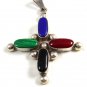 Vintage Mexican Sterling Silver & Red Blue Black and Green Onyx Cross Pendant