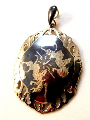 Vintage Siam Sterling Black Niello Enamel Dancer Brooch / Pendant