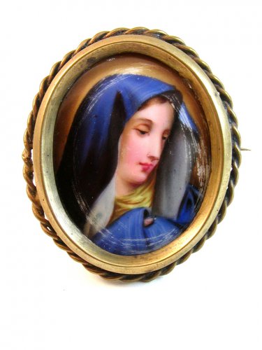 Vintage Hand Painted Porcelain Very Sad Lady in Blue Brooch
