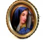 Vintage Hand Painted Porcelain Very Sad Lady in Blue Brooch