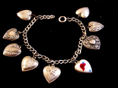 Vintage Sterling Silver Puffy Heart Charms USA American Flag & Bracelet