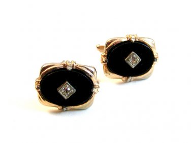 Vintage Gold Tone Black & Rhinestone ? Cufflinks