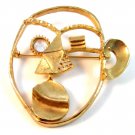 Vintage Unusual Odd Weird Machinist Gold Tone & Rhinestone Brooch