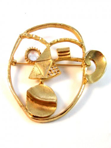 Vintage Unusual Odd Weird Machinist Gold Tone & Rhinestone Brooch