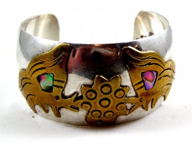 Mexican Taxco Sterling Silver 2 Tone Cuff Bracelet Signed Laton