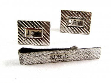 Vintage Sterling Silver Monogrammed J.S.J. Cufflinks & Tie Clasp 5114