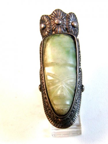 Vintage Elongated Silver & Jade or Jadite ??? Head Ring Size 8