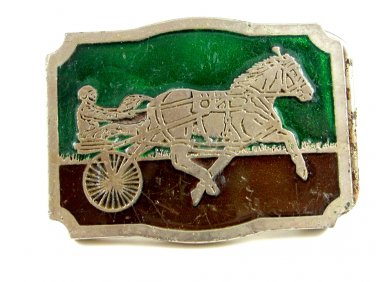 Vintage 1970's Enameled Horse Surrey Belt Buckle 10282013