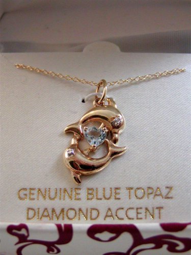 Sterling Silver & 18Kt Gold Blue Topaz Dolphin Pendant Chain