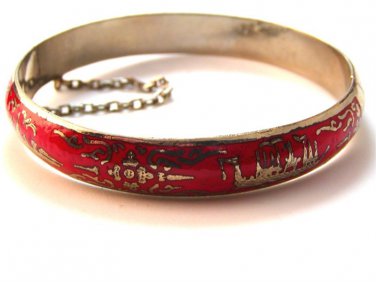 Vintage Siam Sterling Silver Red Niello Enamel City In A Boat Bracelet