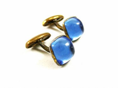 Art Deco / True Vintage 1950's Silvertone & Blue Cufflinks Unmarked 101514