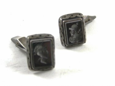 True Vintage 1920s - 40's Sterling Onyx Greek Warrior Cufflinks Unmarked 111814