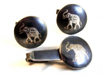 Vintage Sterling Silver Siam Elephant Cufflinks & Tie Clasp By Bombay Bazaar BB
