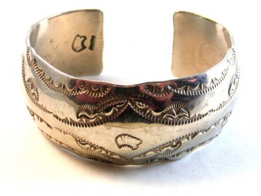 Signed Vintage Native American Sterling Silver Cuff Bracelet